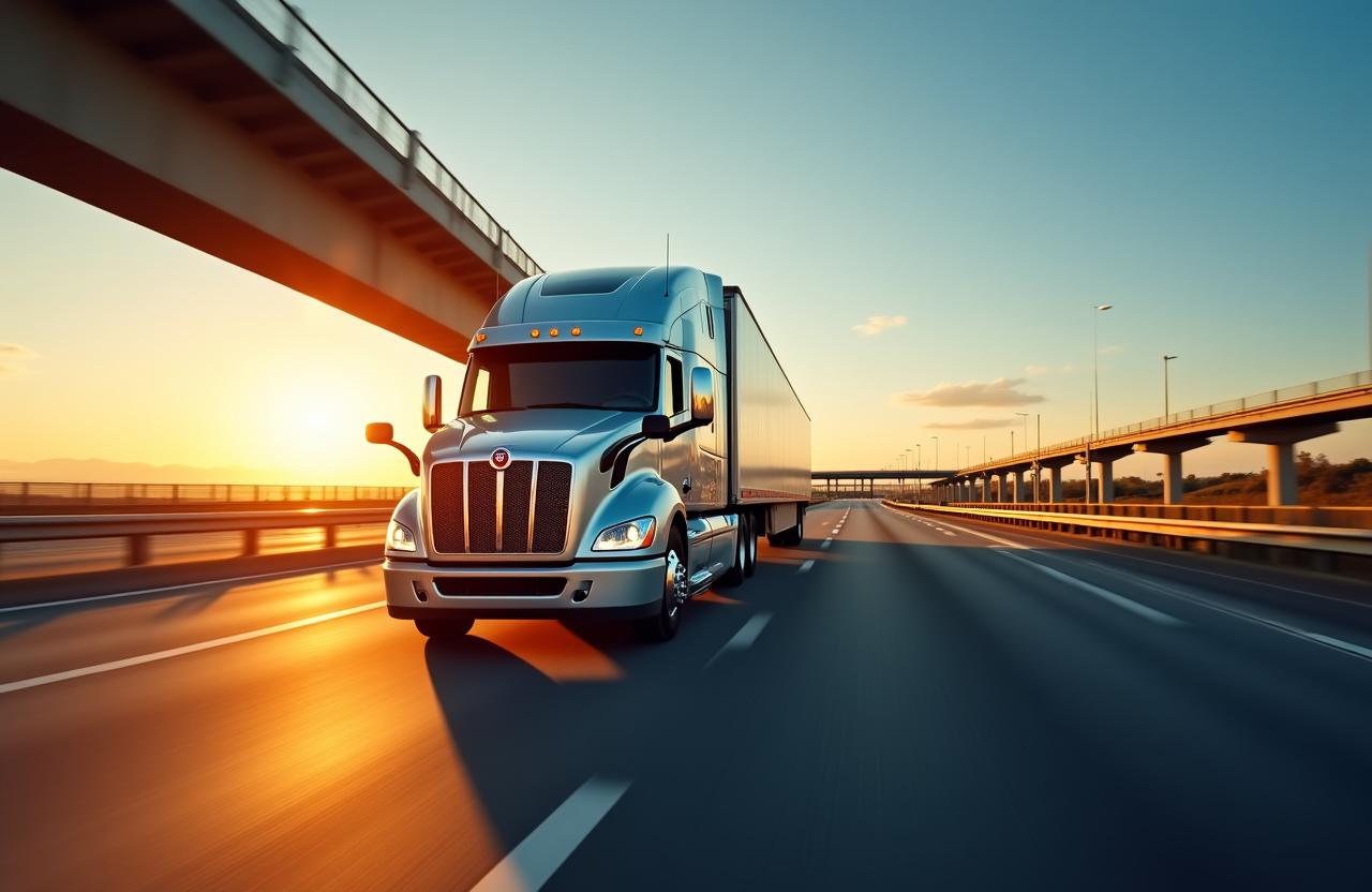 Heavy duty semi-truck moving across a highway during sunset