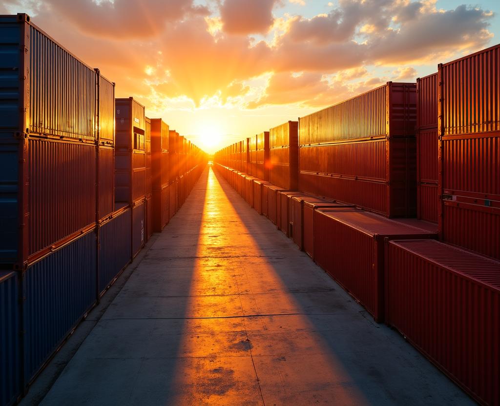 Stacked shipping containers with vibrant morning sunlight