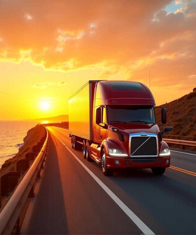 Heavy duty freight truck on a scenic highway during sunset