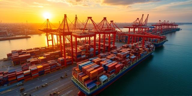 Aerial view of a busy shipping port during sunset