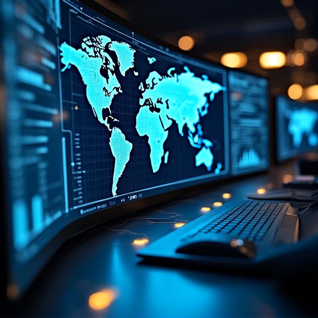 Global logistics control center with digital maps and container tracking
